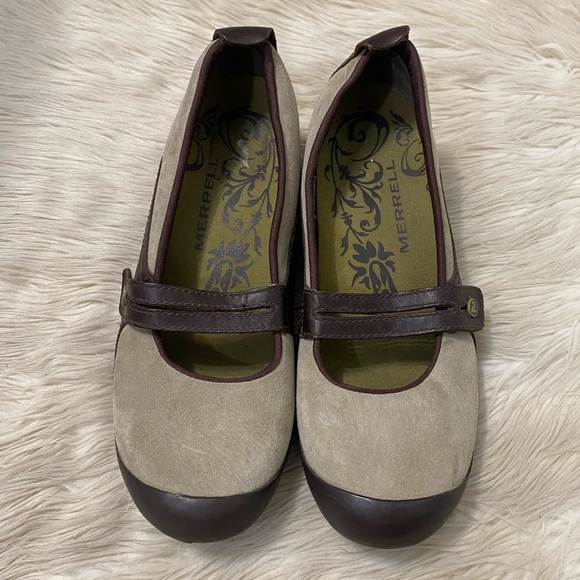 Merrell Plaza Bandeau Mary Jane Slip On Shoe Beige Suede Leather Brown Mules - Picture 2 of 9
